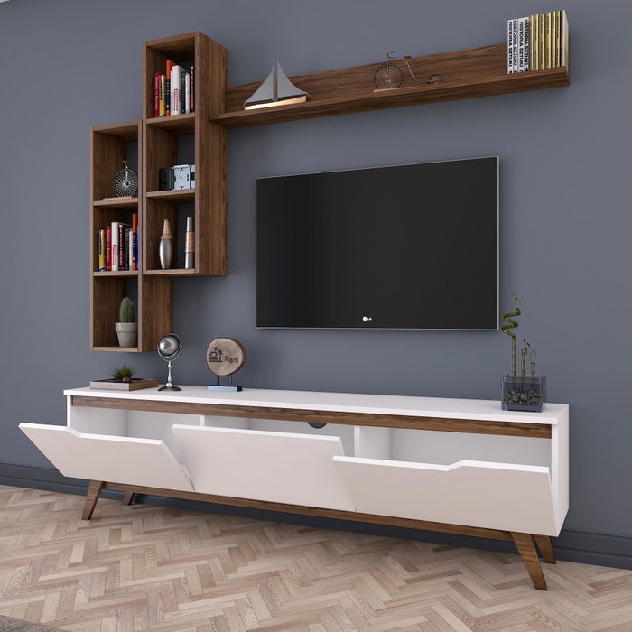 Hanah Home M16 - 804 Mueble de TV Blanco y Nogal con Estantes Hanah Home M16 - 804 Mueble de TV Blanco y Nogal con Estantes